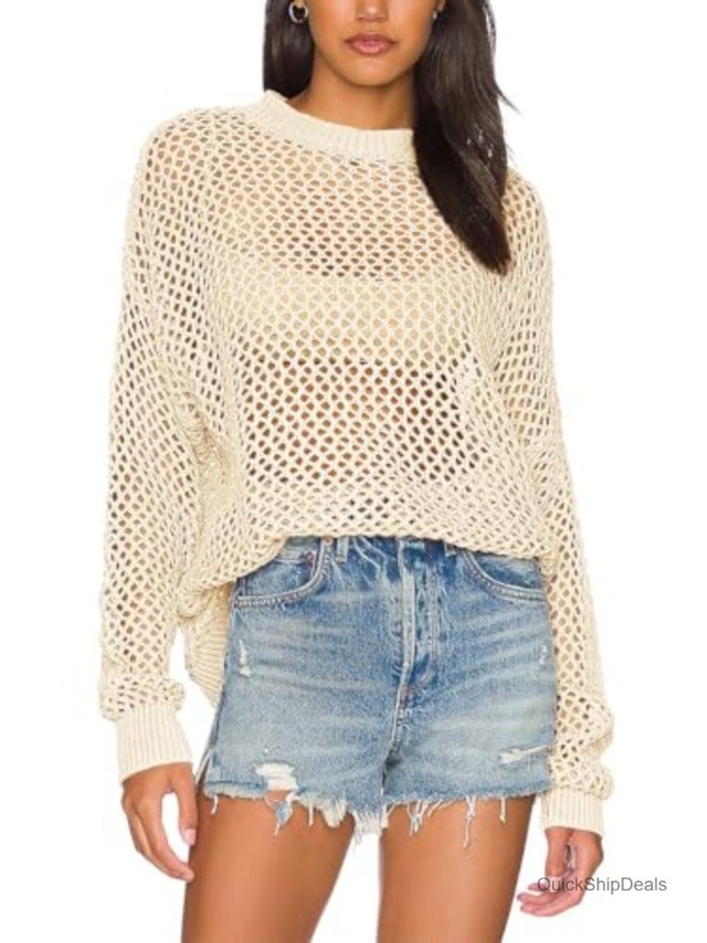 Crochet Mesh Long Sleeve Swim Cover Up Tunic Top